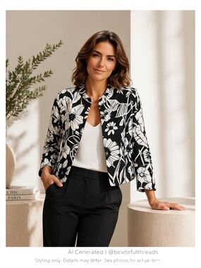 Black White Floral Cropped Jacket Petite Chic Minimalist Blazer